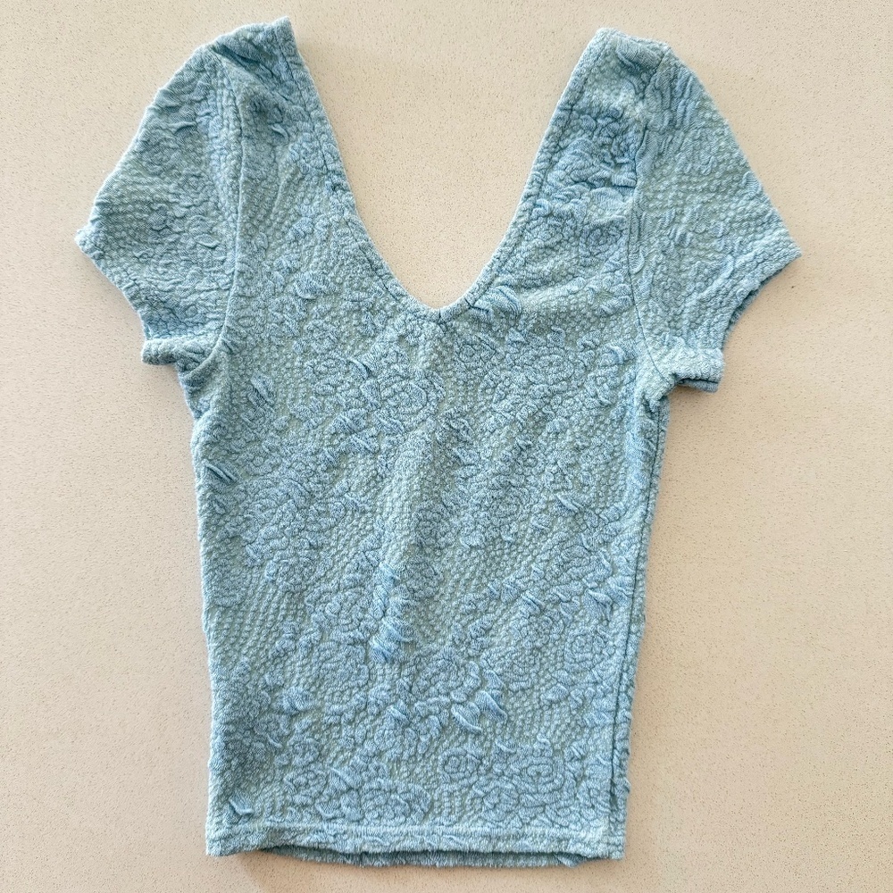 Topshop Blue Jacquard Floral Design V-Neck Short Sleeve Top Size 2/ UK 6